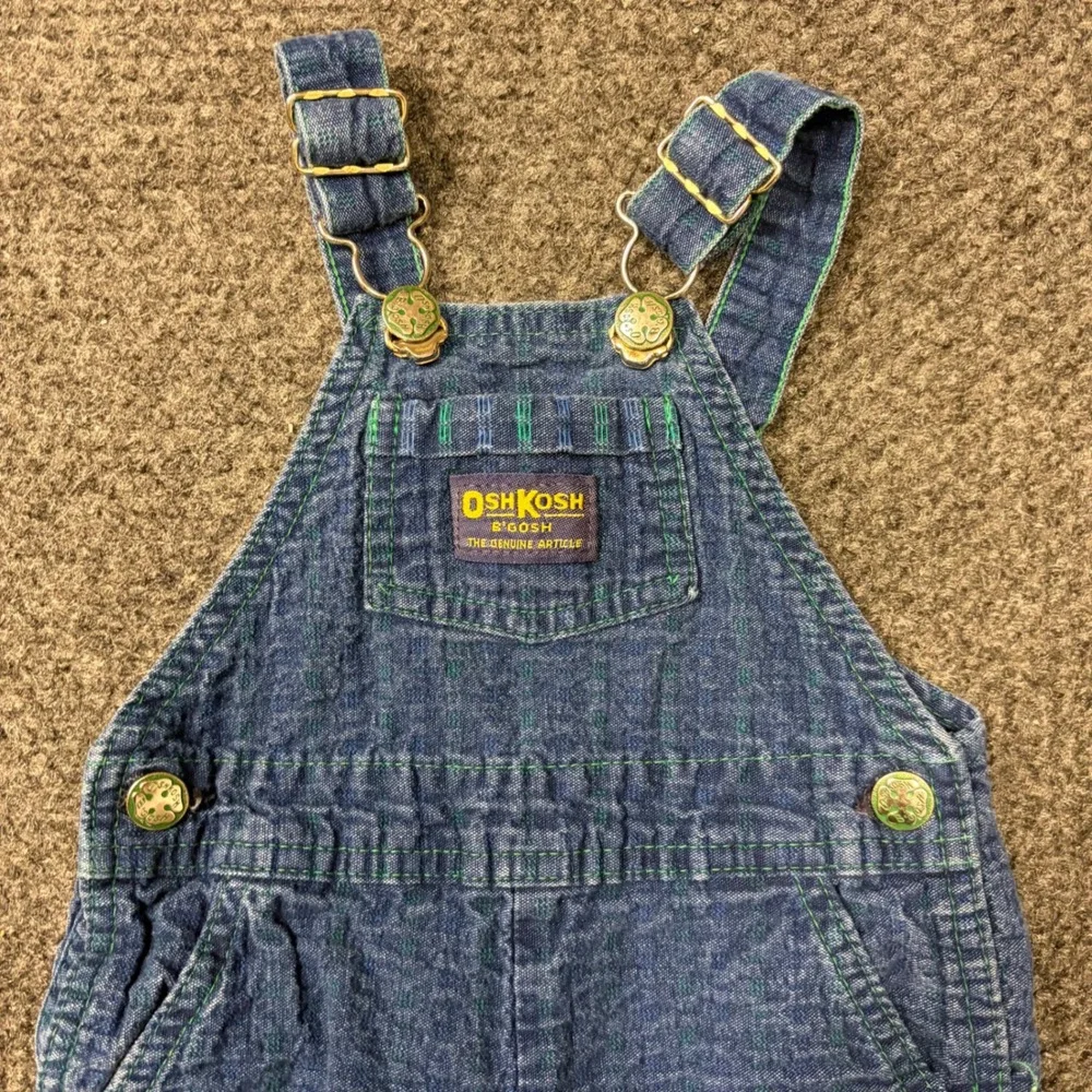 Vtg OshKosh Bgosh Vestbak Overalls 12M Blue Denim Green Dash Made in USA